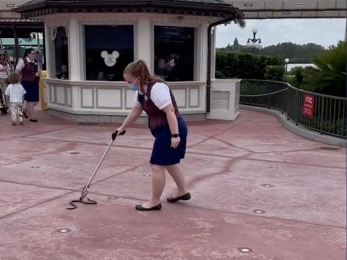 A Disney World employee removes a snake from Magic Kingdom in May 2022.