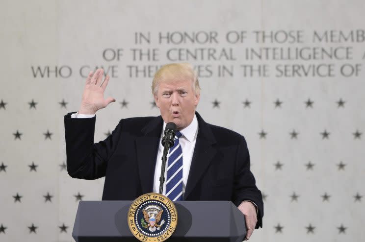 Trump speaks at the CIA headquarters in Langley, Va., on Saturday. (Olivier Doulier/Getty Images)