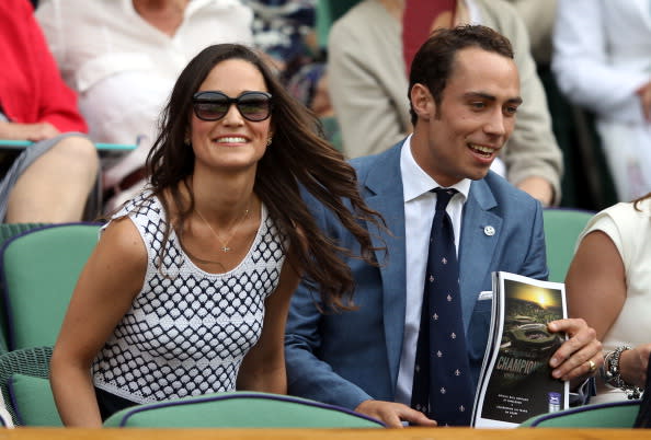 Pippa Middleton and James Middleton watch the Gentlemen's Singles second round match between Andy Murray of Great Britain and Ivo Karlovic of Croatia on day four of the Wimbledon Lawn Tennis Championships at the All England Lawn Tennis and Croquet Club on June 28, 2012 in London, England. (Photo by Clive Rose/Getty Images)