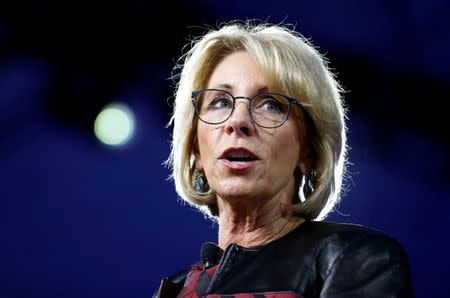 FILE PHOTO - U.S. Secretary of Education Betsy DeVos speaks at the Conservative Political Action Conference (CPAC) in National Harbor, Maryland, U.S., February 23, 2017. REUTERS/Joshua Roberts/File Photo