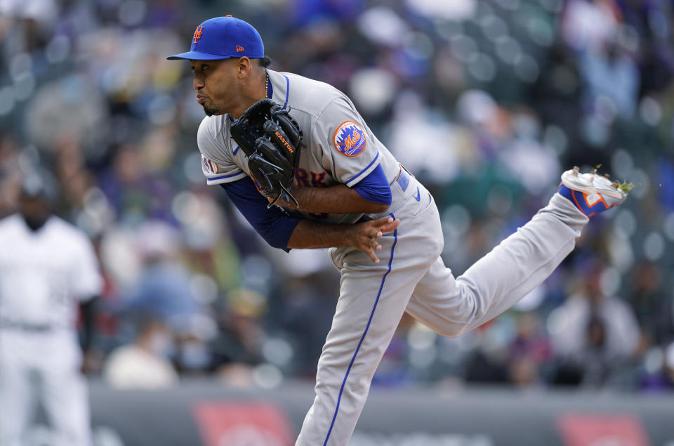 New York Mets relief pitcher Edwin Diaz works against the Colorado Rockies in the ninth inning of a baseball game Sunday, April 18, 2021, in Denver. (AP Photo/David Zalubowski)