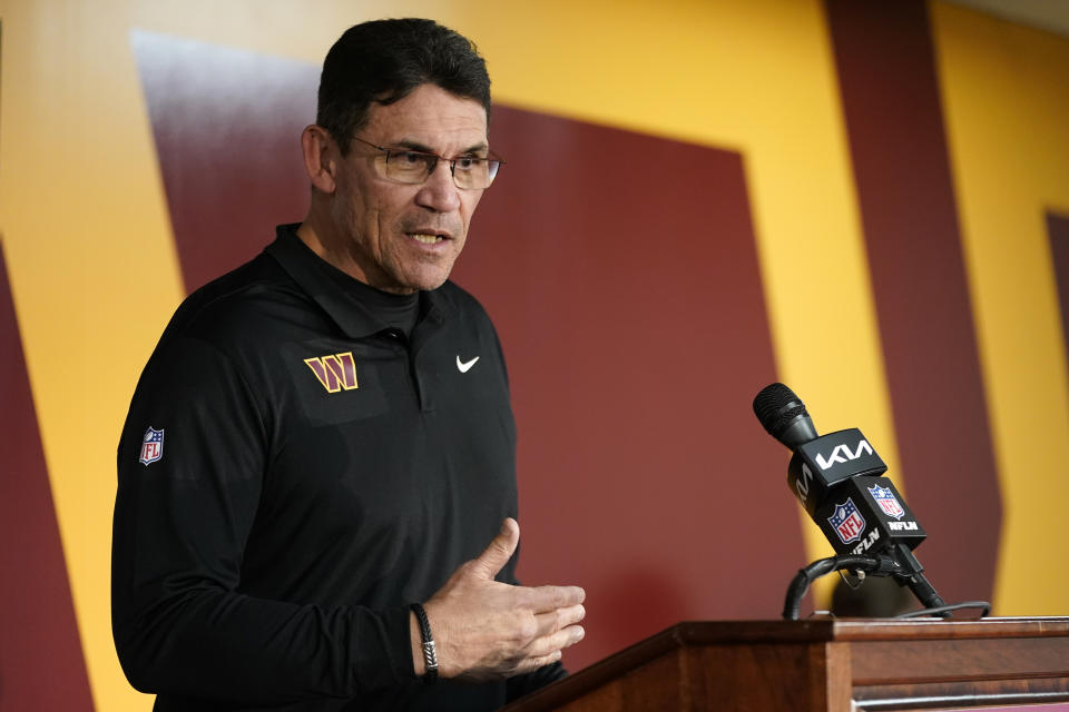 Washington Commanders head coach Ron Rivera talks to reporters after a 24-10 loss to the Cleveland Browns, Sunday, Jan. 1, 2023, in Landover, Md. (AP Photo/Patrick Semansky)