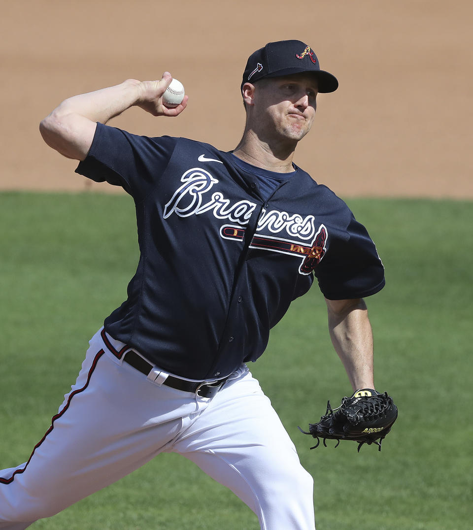Atlanta Braves pitcher Nate Jones delivers against the Minnesota Twins during the fourth inning of a MLB spring training baseball game at CoolToday Park on Tuesday, March 2, 2021, in North Port, Fla. (Curtis Compton/Atlanta Journal-Constitution via AP)