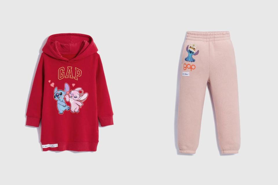 Gap x 史迪奇聯名Logo印花刷毛連帽長袖洋裝，NT$1,499、Gap x 史迪奇聯名Logo印花刷毛束口鬆緊褲，NT$1,299圖片來源：GAP提供