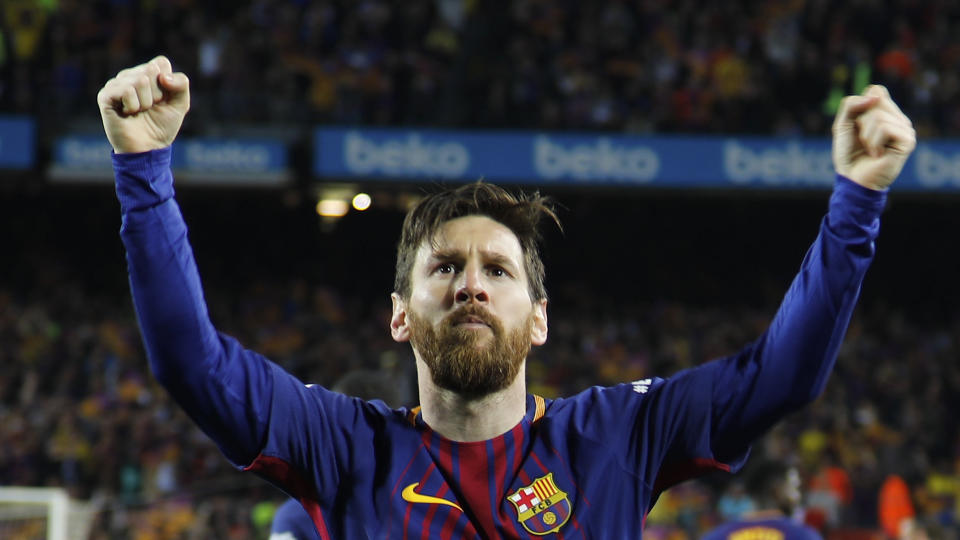 Barcelona's Lionel Messi celebrates scoring his side's second goal during a Spanish La Liga soccer match between Barcelona and Real Madrid, dubbed 'El Clasico', at the Camp Nou stadium in Barcelona, Spain, Sunday, May 6, 2018. (AP Photo/Emilio Morenatti)