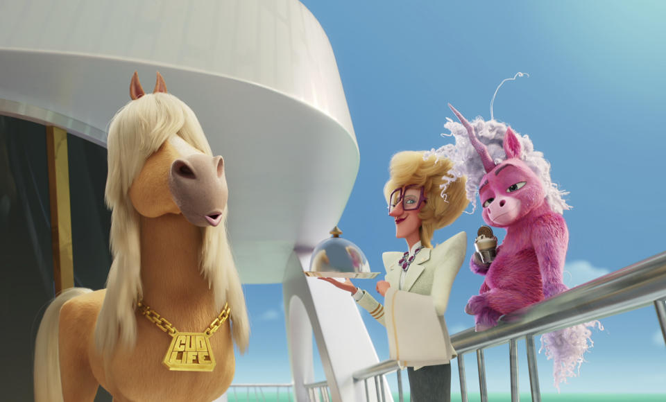 This image released by Netflix shows Danny Stallion, voiced by Fred Armisen, Megan, voiced by Edi Patterson, and Thelma, voiced by Brittany Howard, in a scene from "Thelma The Unicorn." (Netflix via AP)