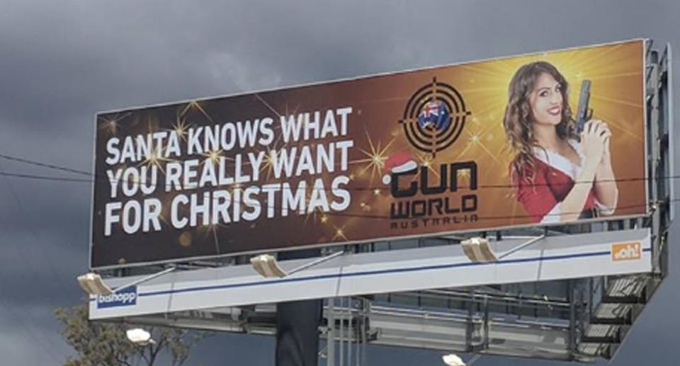 The Gun World Australia billboard (pictured) stirred controversy