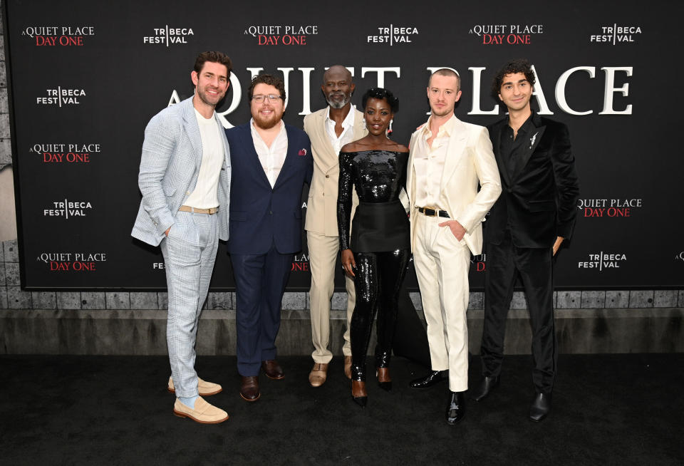 NEW YORK, NEW YORK - JUNE 26: (L-R) John Krasinski, Michael Sarnoski, Djimon Hounsou, Lupita Nyong'o, Joseph Quinn and Alex Wolff attend the New York Premiere of "A Quiet Place: Day One" in partnership with Tribeca Festival at AMC Lincoln Square on June 26, 2024, in New York, New York.  (Photo by Bryan Bedder/Getty Images for Paramount Pictures)