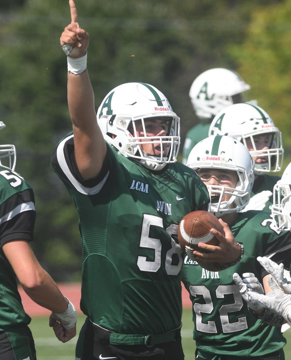 Avon's Connor Smith celebrates. Avon handed Oakfield-Alabama/Elba its first loss of the season.