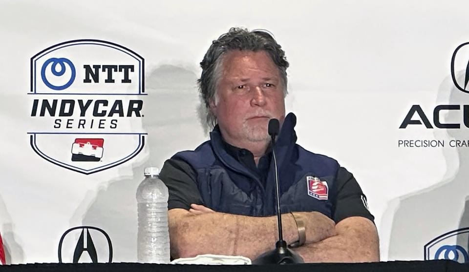 FILE - Michael Andretti attends a news conference for the IndyCar Grand Prix of Long Beach auto race, Saturday, April 15, 2023 in Long Beach, Calif. Formula One has rejected Andretti Global's application to join the global racing series in 2025 or 2026 but said Wednesday it is willing to revisit the issue in 2028 when General Motors has an engine ready for competition. (AP Photo/Jenna Fryer, File)