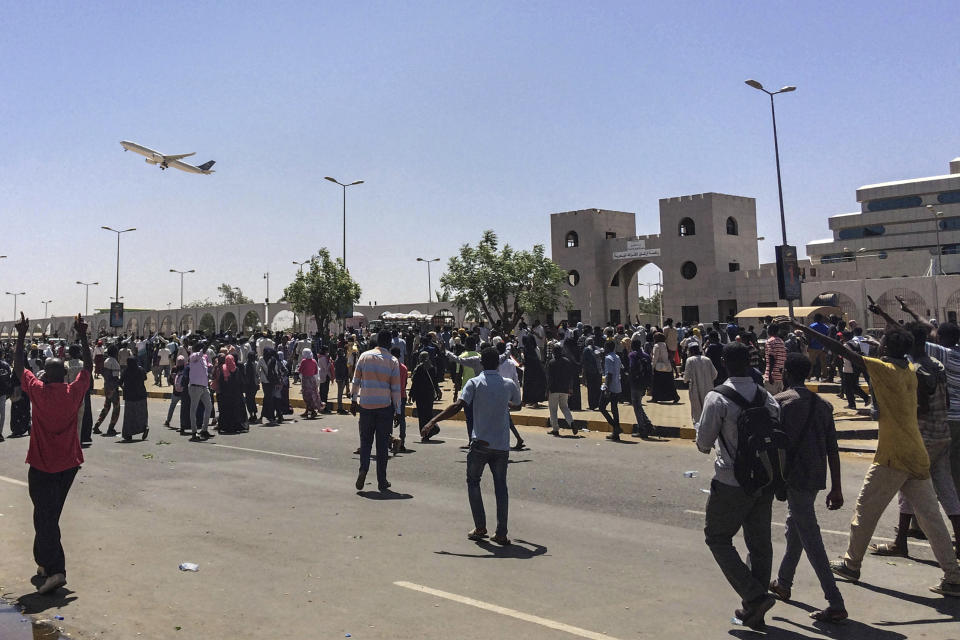 Sudanese protest in front of the military headquarters, Sunday, April 7, 2019, in the capital Khartoum, Sudan. Organizers behind anti-government demonstrations in Sudan said Sunday that security forces have killed at least five protesters in the last twenty-four hours. The current wave of unrest erupted in December, initially over price hikes and shortages of food and fuel, but the demonstrations quickly morphed into calls for the overthrow of President Omar al-Bashir. (AP Photo)