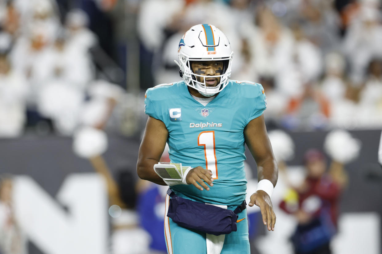 Miami Dolphins quarterback Tua Tagovailoa (1) during an NFL football game against the Cincinnati Bengals on Thursday, September 29, 2022, in Cincinnati. (AP Photo/Matt Patterson)