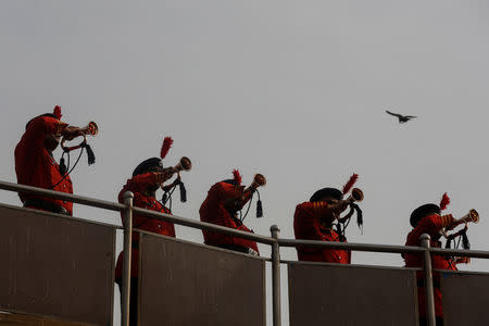 Members of the police band play the bugle to mark the tenth anniversary of the November 26, 2008 terror attacks, during a memorial in Mumbai, India, November 26, 2018. REUTERS/Francis Mascarenhas