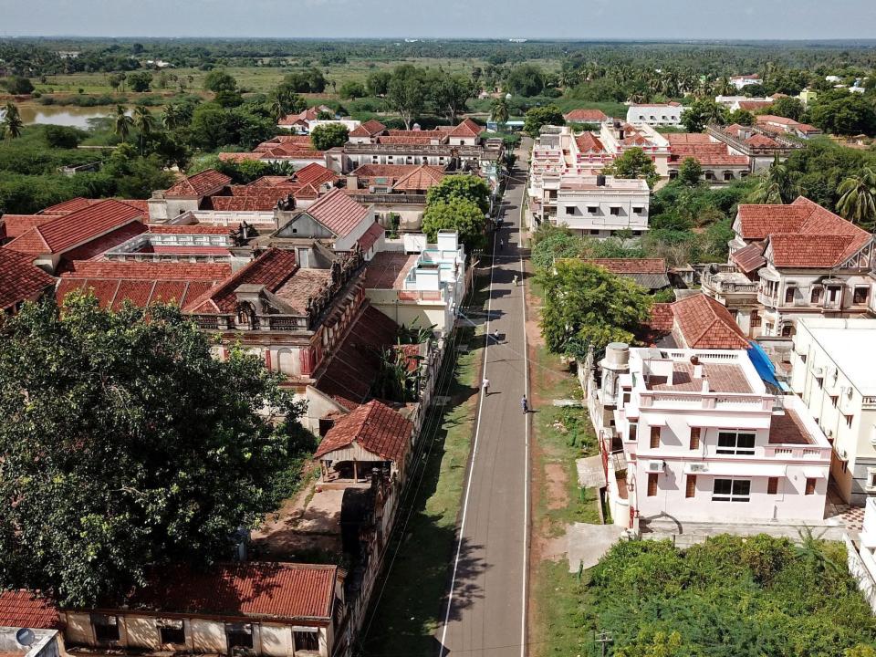 An aerial view of mansions in Kanadukathan, India, in 2021.