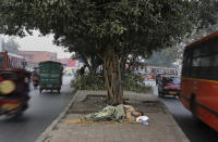 <p>A homeless man sleeps on a road divider in New Delhi, India, Wednesday, Jan. 16, 2019. Some 800 million people in the country live in poverty, many of them migrating to big cities in search of a livelihood and often ending up on the streets. (AP Photo/Altaf Qadri) </p>