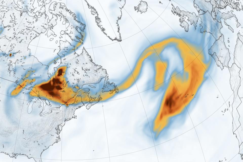 NASA satellite image taken Monday, as Canadian wildfire smoke moves east across the Atlantic Ocean toward Europe.
