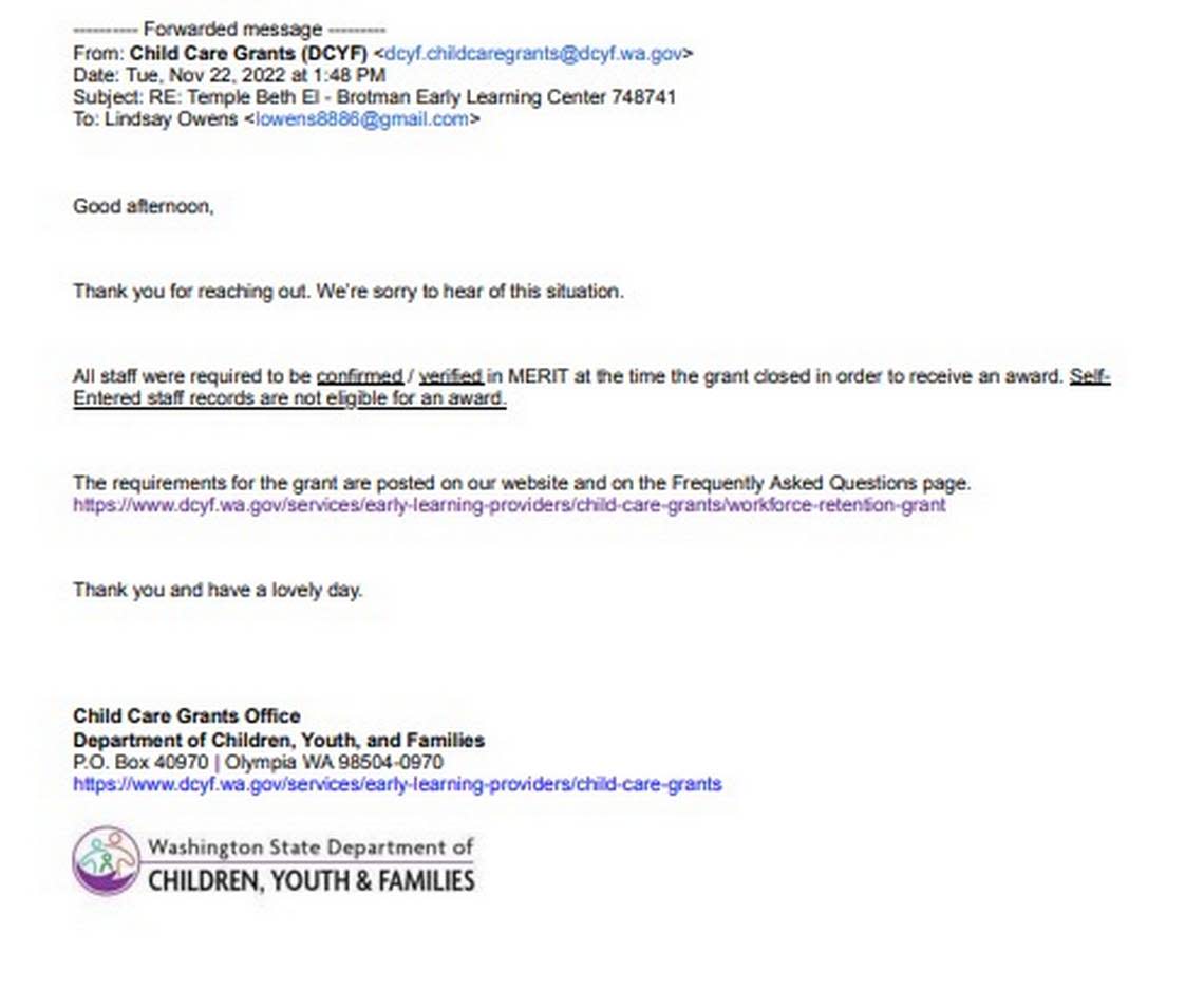 A copy of the email sent to Lindsey Owens in response to her questioning her site’s DCYF grant allotment.