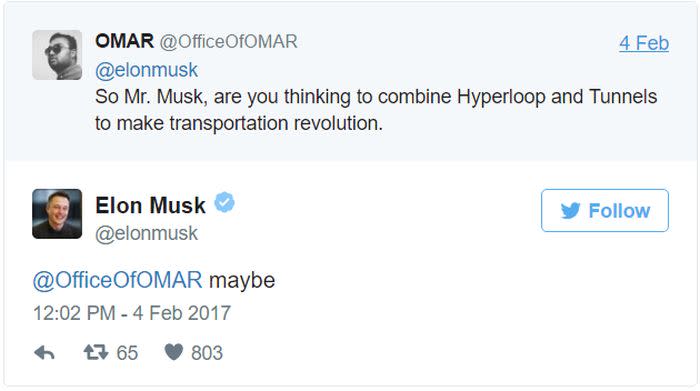 “Entonces, señor Musk, ¿está usted pensando en combinar el Hyperloop y los túneles para revolucionar el transporte?… “Quizás”.