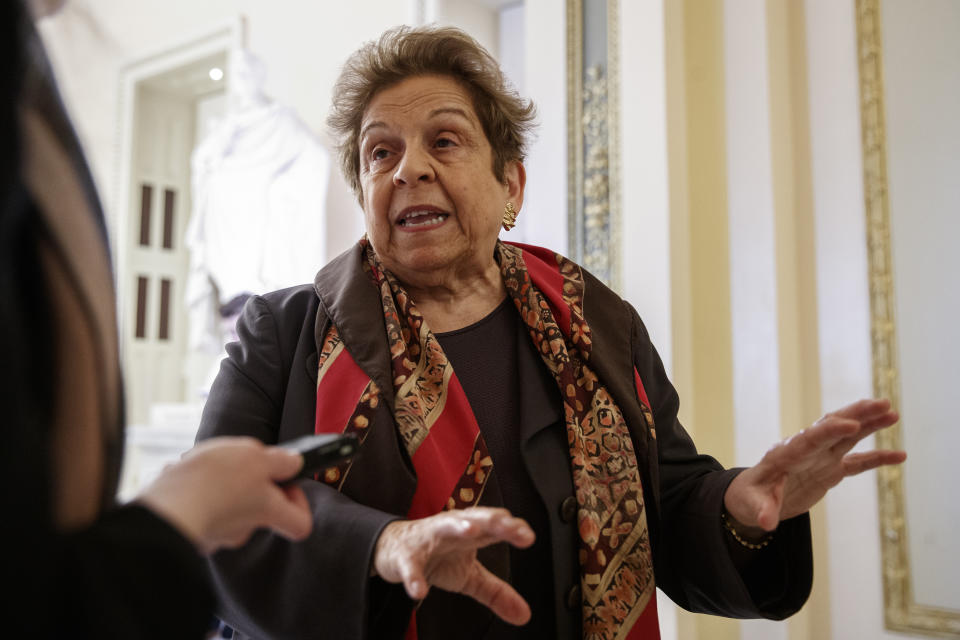 FILE - In this March 12, 2020, file photo Rep. Donna Shalala, D-Fla., speaks to media on Capitol Hill in Washington about the coronavirus outbreak. President-elect Joe Biden is eyeing several Democrats who lost congressional reelection races last month for key positions in his administration. They include outgoing Reps. Abby Finkenauer of Iowa and Donna Shalala of Florida and Sen. Doug Jones of Alabama. (AP Photo/Carolyn Kaster, File)