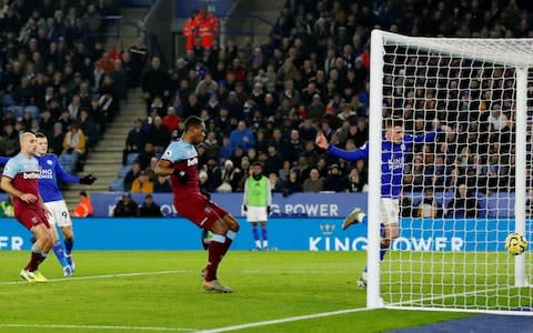  Leicester City's Harvey Barnes scores their first goal  - Credit: Action Images via Reuters/Andrew Boyers&nbsp;