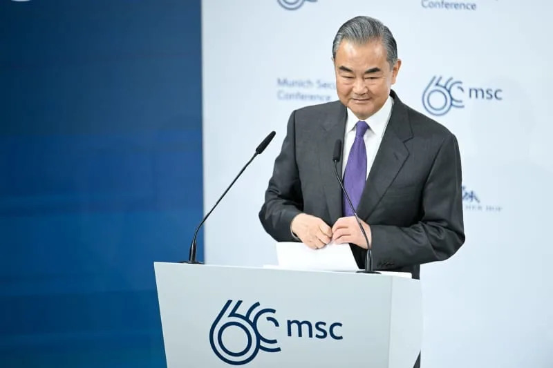 Wang Yi, Chinese Foreign Minister, delivers a speech at the 60th Munich Security Conference (MSC). Tobias Hase/dpa