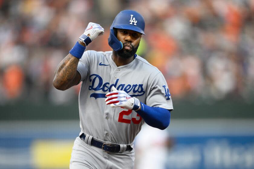 Dodgers' Jason Heyward rounds the bases on his three-run home run against the Baltimore Orioles on July 18, 2023.