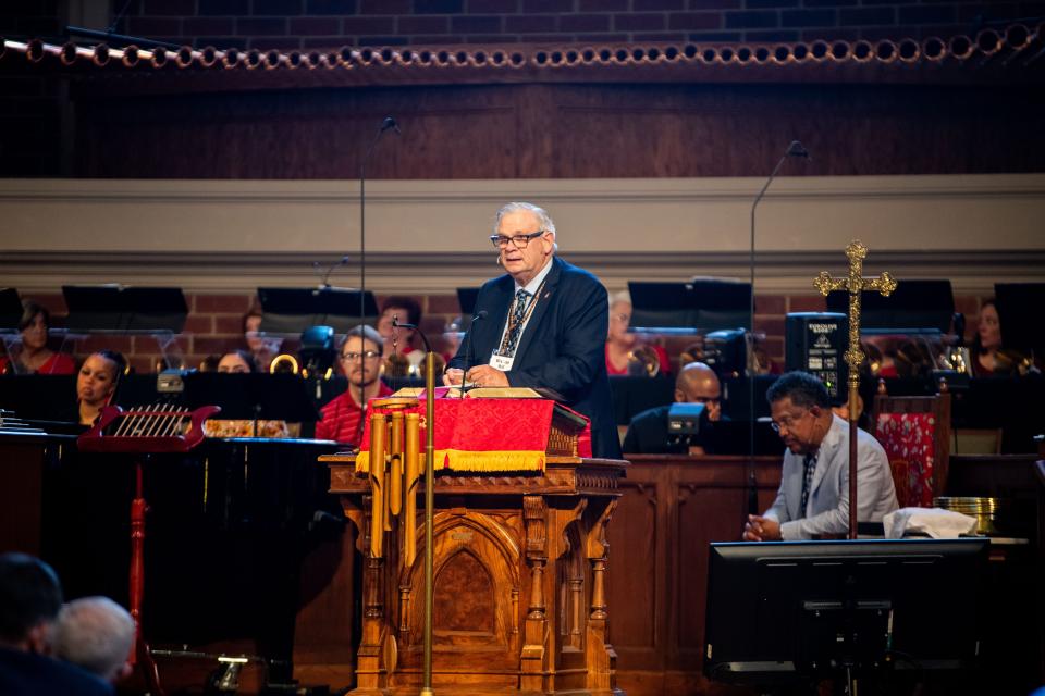 Bishop Bill McAlilly talks to the congregation during the annual Tennessee-Western Kentucky Conference of the UMC at First United Methodist Church in Murfreesboro, Tenn., Monday, June 17, 2024.