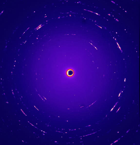 This false color image shows a diffraction pattern from the first interstellar dust candidate Orion, collected by NASA's Stardust spacecraft in 2004.