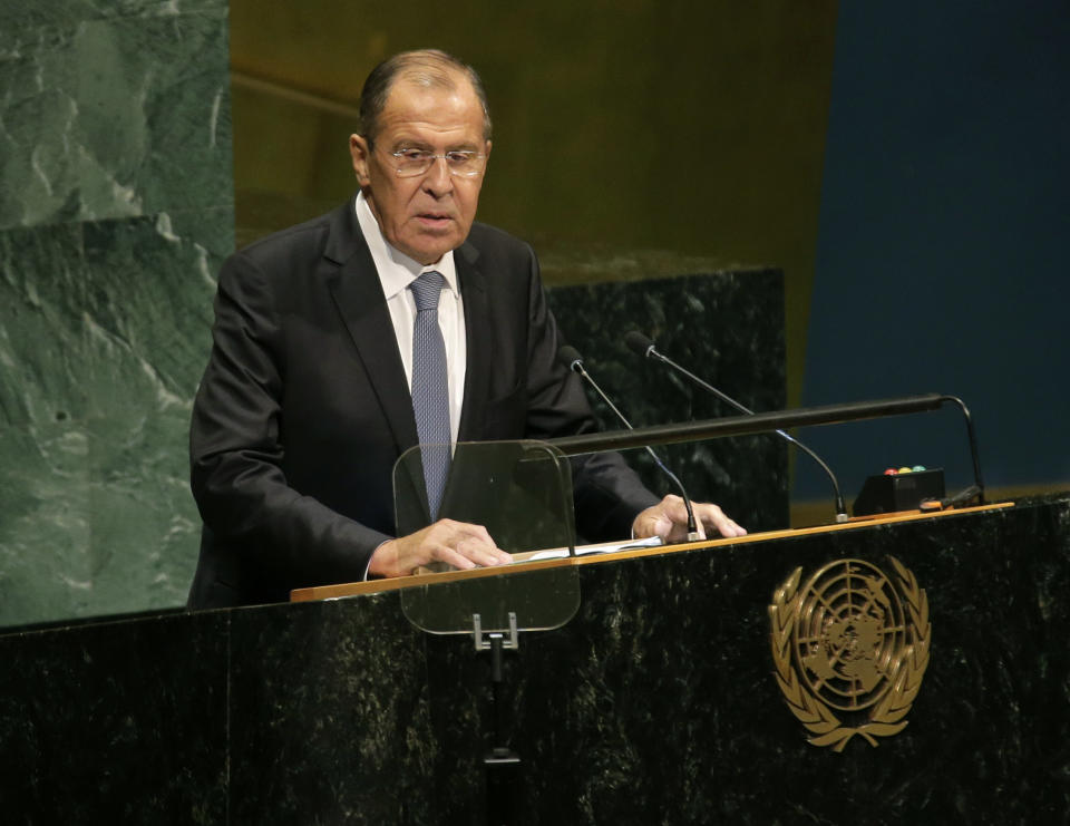 Russia's Foreign Minister Sergey Lavrov addresses addresses the 73rd session of the United Nations General Assembly, at U.N. headquarters, Friday, Sept. 28, 2018. (AP Photo/Seth Wenig)