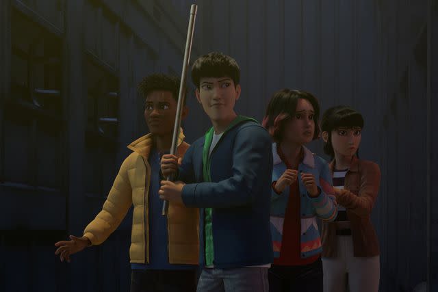 <p>Netflix</p> Darius, Kenji, Sammy, and Yasmina in 'Jurassic World: Chaos Theory'