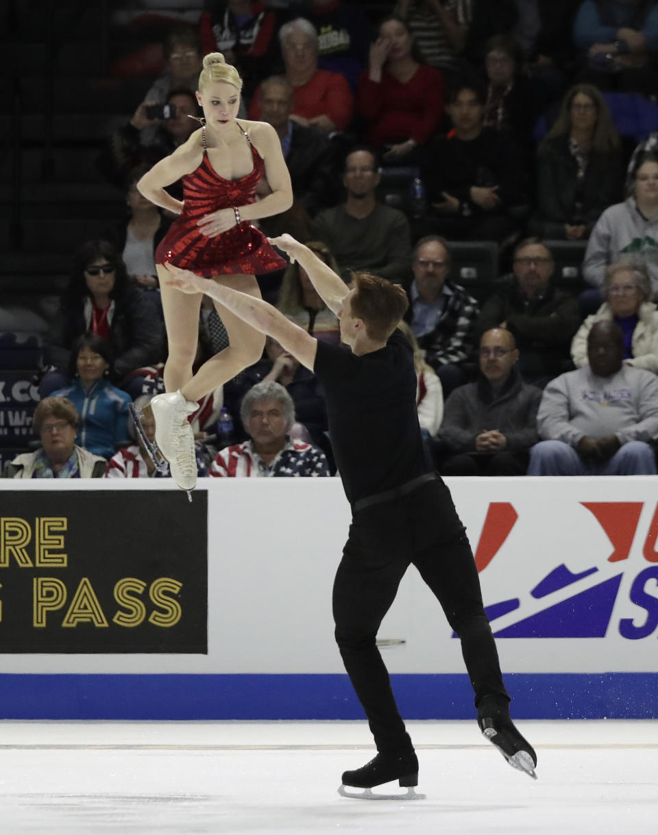 Evgenia Tarasova and Vladimir Morozov, of Russia, perform during the pairs short program at Skate America, Friday, Oct. 19, 2018, in Everett, Wash. (AP Photo/Ted S. Warren)