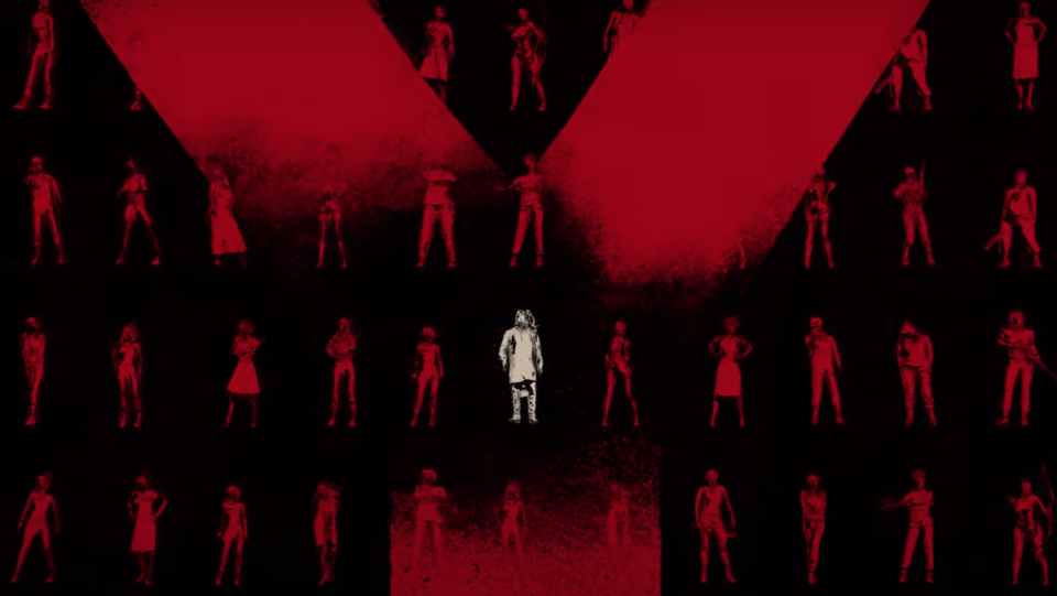 One white figure among dozens of red figures on a black background.