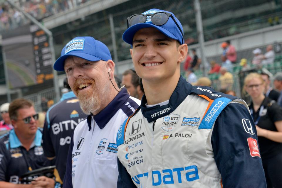 Chip Ganassi Racing driver Álex Palou (10) smiles in the pits Saturday, May 21, 2022, during the first day of qualifying for the 106th running of the Indianapolis 500 at Indianapolis Motor Speedway