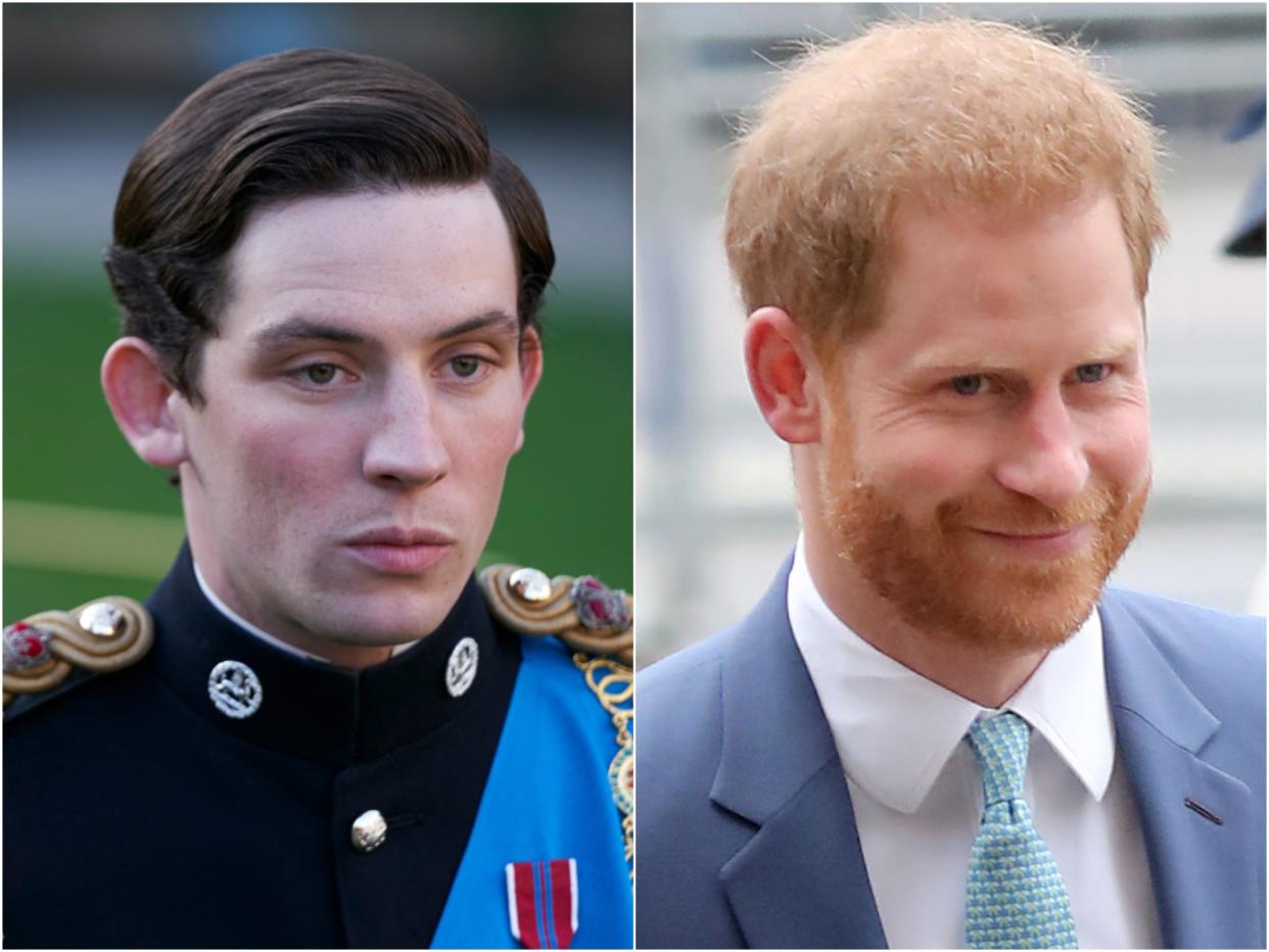 Josh O’Connor in The Crown and Prince Harry (Netflix/Getty)