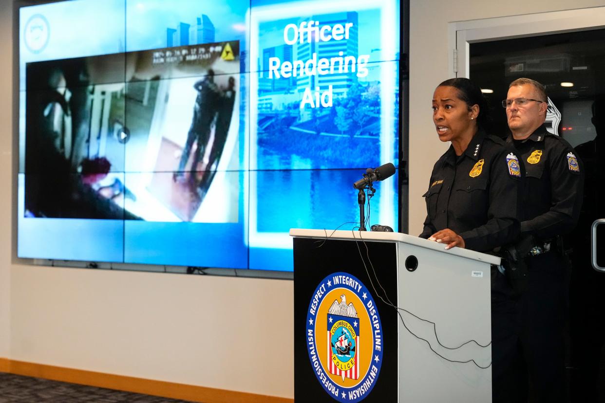 Columbus police Chief Elaine Bryant shows bodycam footage Friday at a press conference of an incident Thursday on the 6800 block off Georges Creek Drive on the Southeast Side after Rafael Warfield opened fire on officers. Officers returned fire, killing Warfield.