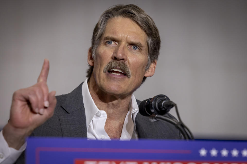 Madison, Wis. businessman and Republican U.S. Senate candidate, Eric Hovde speaks Tuesday April 2, 2024, at a former President Donald Trump rally in Green Bay, Wis. The Wisconsin Senate race between Democratic Sen. Tammy Baldwin and Republican Eric Hovde is setting up as one of the most competitive and expensive Senate races in the country. (AP Photo/Mike Roemer)