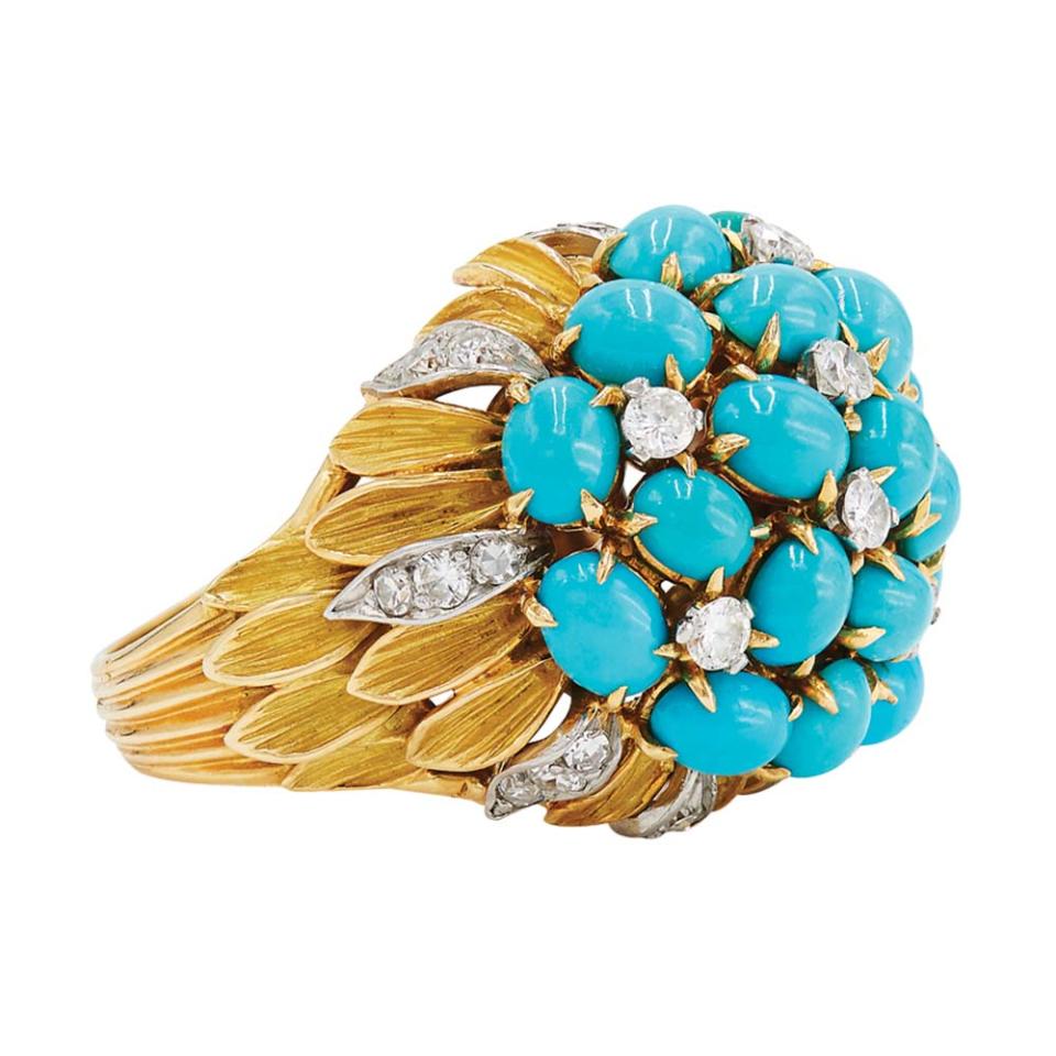 From Fred Leighton, this circa-1950s Bombé Cluster ring highlights turquoise and diamonds set in 18-karat yellow gold; Kirsten Dunst wore baguette-diamond drop earrings by Fred Leighton to the 2022 Oscars; $8,000, at Fred Leighton, New York