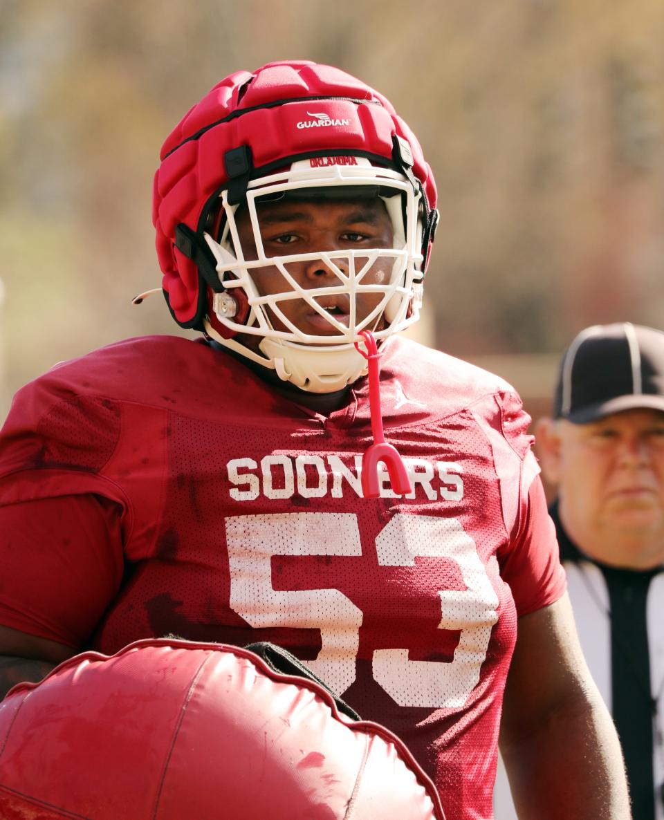 Offensive lineman Caleb Shaffer goes through drills as the University of Oklahoma Sooners (OU) college football team holds spring practice outside of Gaylord Family/Oklahoma Memorial Stadium on  March 21, 2023 in Norman, Okla.  [Steve Sisney/For The Oklahoman]