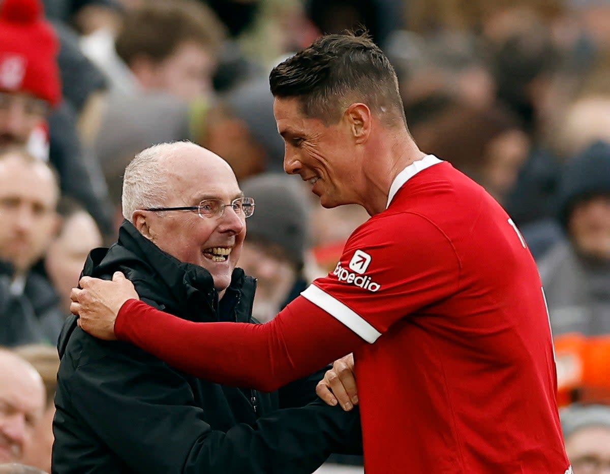 Warm embrace: Fernando Torres shares a moment with Sven-Goran Eriksson after scoring in front of The Kop (Action Images via Reuters)