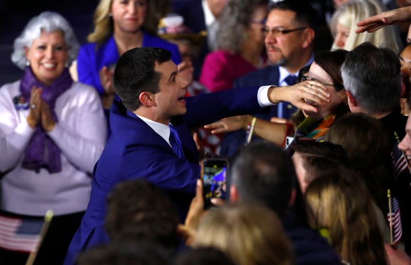 Democratic U.S. presidential candidate and former South Bend Mayor Pete Buttigieg greets supporters at his New Hampshire primary night rally in Nashua, N.H., U.S.