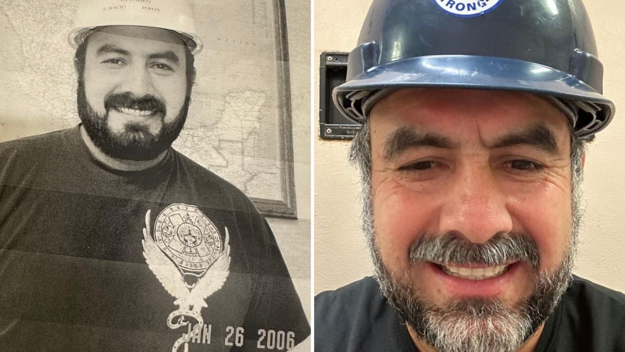 On the left, Ignacio Calderon, then 36, celebrated his 10th anniversary at Tyson Foods in January of 2006. Calderon, 53, is seen in present day on the right.