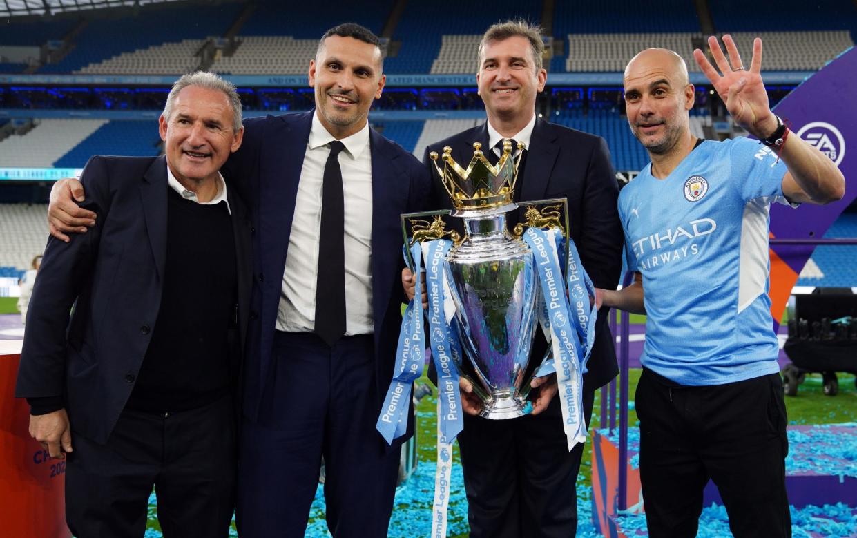 Pep Guardiola (left to right), Txiki Begiristain (left to right), Khaldoon Al Mubarak and Ferran Soriano - Pep Guardiola’s stomach for a fight tested with Manchester City in eye of storm - PA/Martin Ricket