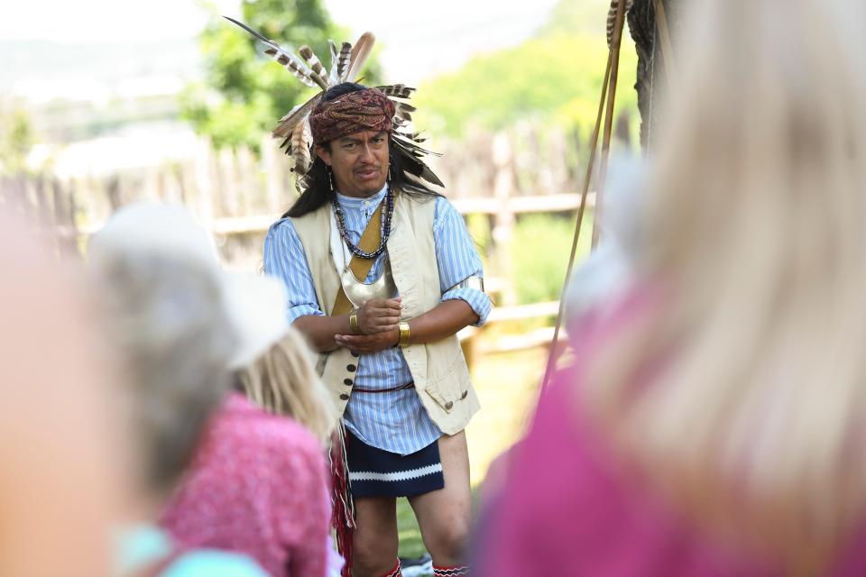 Ryan Worden speaks to a crowd at James White’s Fort during the Knoxville Historic House Museums’ Statehood Day celebration, Saturday, June 3, 2023.