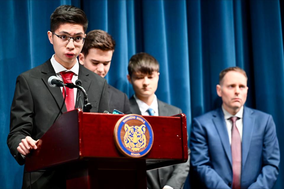 Max Jin, 16, (left) discusses the need for social media reforms with classmates Luka Jonjic, 16, (center) and Dylan Schwartz, 15, at Tamanend Middle School, in Warrington, on Wednesday, Feb. 2, 2024. Photo provided by Pennsylvania House Democratic Photography