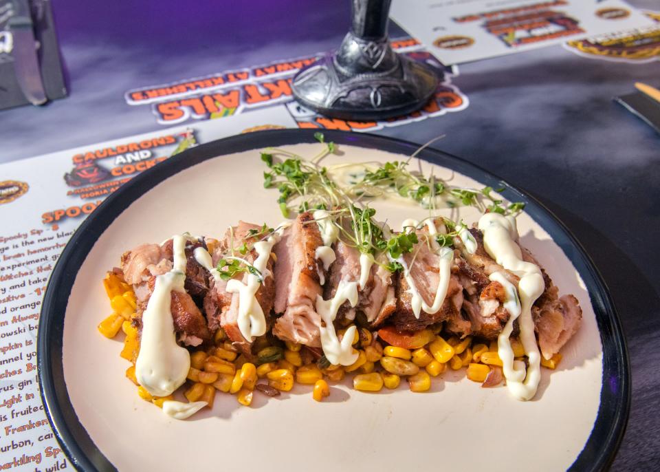 A Halloween-themed entree known as a Wookalar is on the menu during Kelleher's Irish Pub's Cauldrons and Cocktails pop-up dining event in Peoria. The Wookalar is comprised of pork belly, sweet corn succotash and jalapeno aioli.