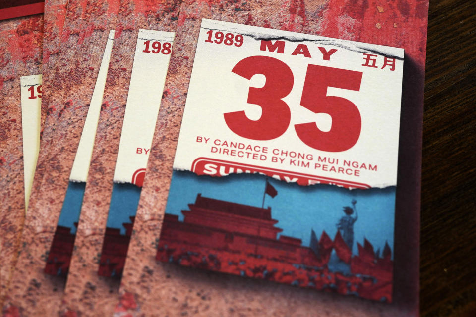 The brochures of "May 35th," are displayed at a playhouse in London, Thursday, May 30, 2024. As the 35th anniversary of Beijing's Tiananmen Square crackdown neared, Rowena He, a prominent scholar of the bloody chapter of modern China, was busy flying between the United States, Britain and Canada to give a series of talks. Each was aimed at speaking out for those who cannot. (AP Photo/Kin Cheung)