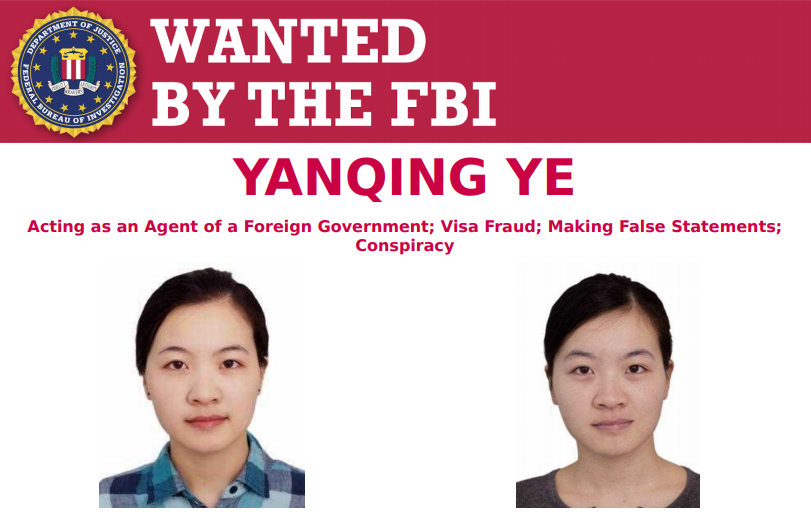 Boston University student Yanqing Ye is currently wanted by the FBI for acting as a foreign agent, visa fraud and making false statements: Federal Bureau of Investigations