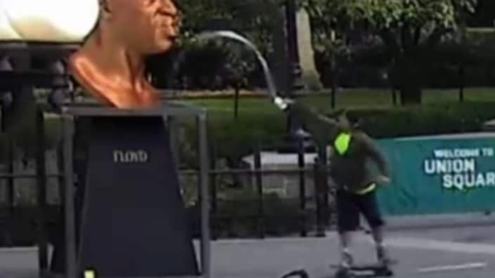 Michael Beals, 37, has been charged with criminal mischief in the vandalism of a statue of George Floyd, which took place on Oct. 3 in Union Square Park, New York City. (Photo: Screenshot/New York City Police Dept.)