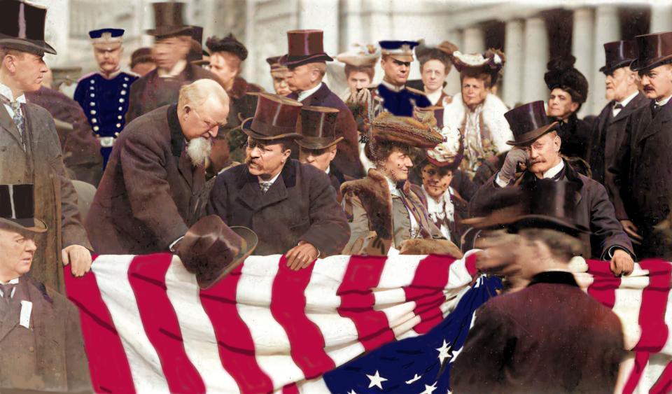 President Theodore Roosevelt in the review stand for the parade of state flags at The Louisiana Purchase Exposition, commonly known as the Saint Louis World’s Fair of 1904. Photograph is colorized and enhanced.