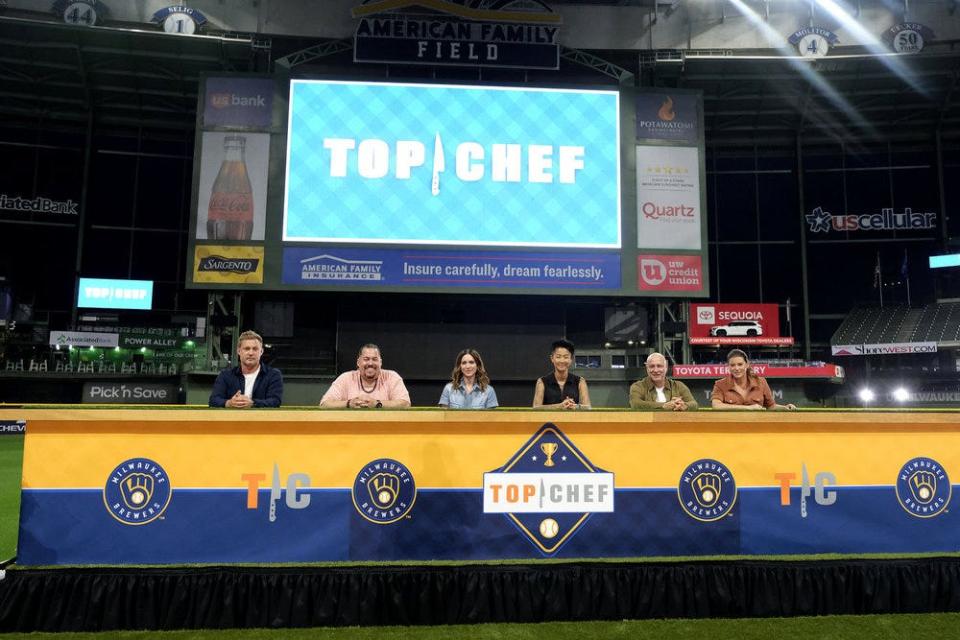 Guest judges Bryan Voltaggio (from left), Amar Santana and Brittany Snow joined Kristen Kish, Tom Colicchio and Gail Simmons at the main judges table on Episode 7 of "Top Chef: Wisconsin."